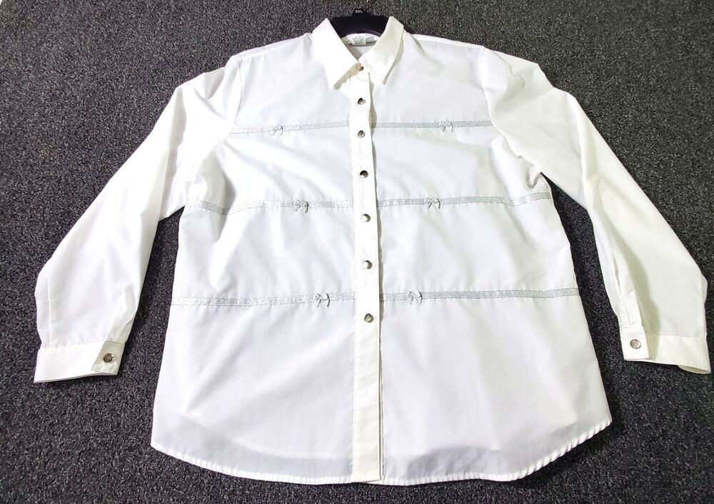 Vintage G.W. Button Down Shirt Women's XL White Silver Bows & Stripes Dressy